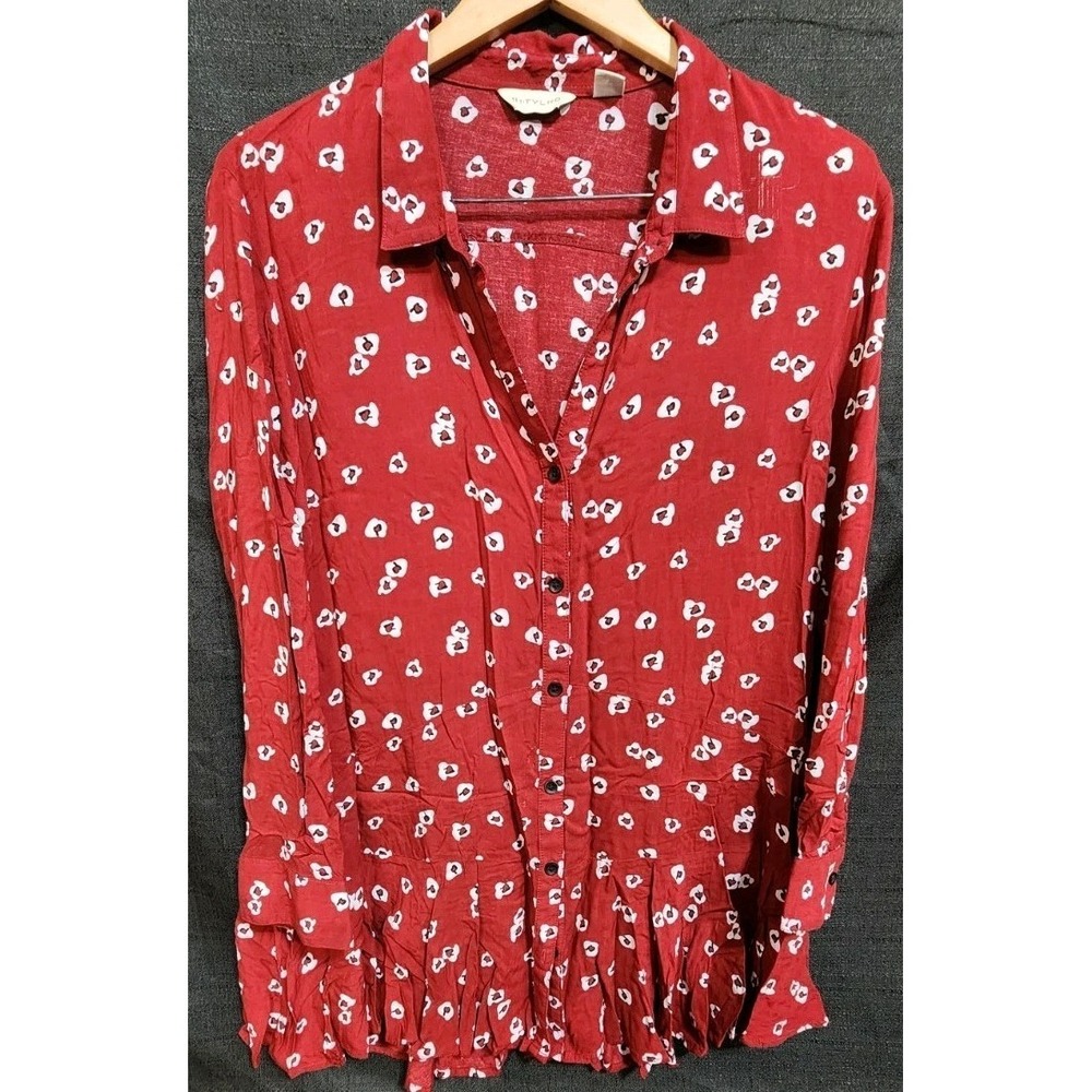 11.1. Tylho Blouse Women Large Red Floral Peplum Button Up Top Anthropologie EUC
